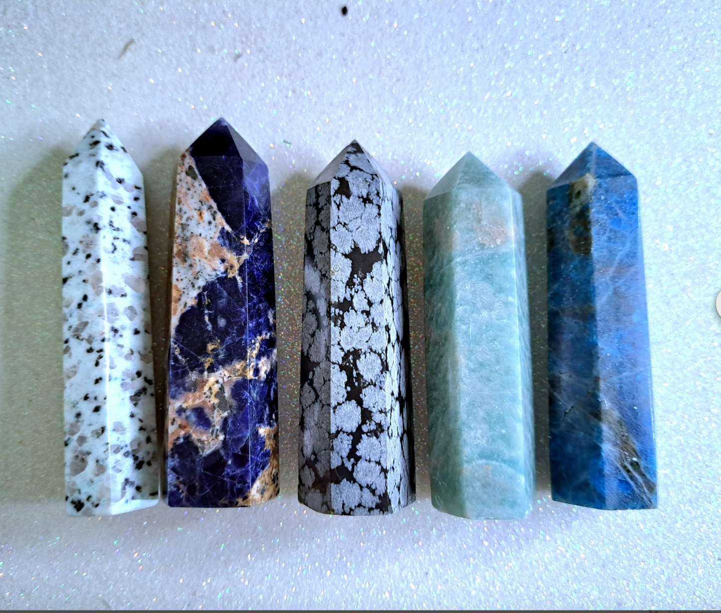 5 TOWERS BUNDLE - Kiwi Jasper / Sodalite / Snowflake Obsidian / Blue Apatite / Amazonite